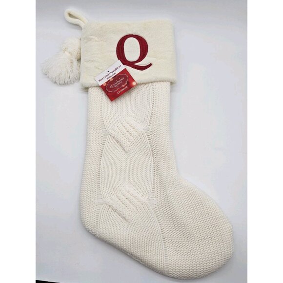 Christmas Stocking St. Nicolas Square Ivory Initial Monogram Letter "Q" Faux Fur - Picture 1 of 10